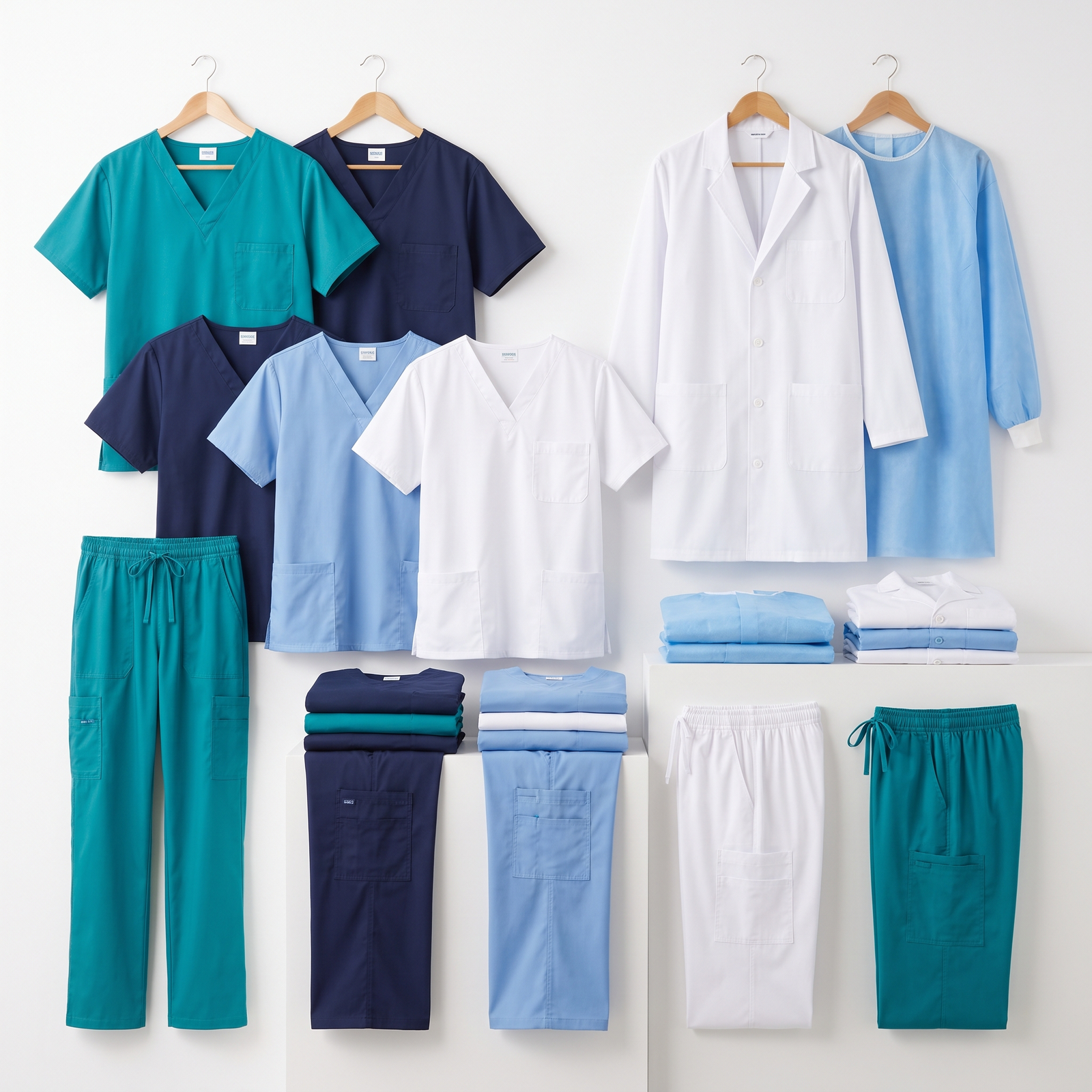 Coordinated medical scrub sets, white coats and clinical apparel