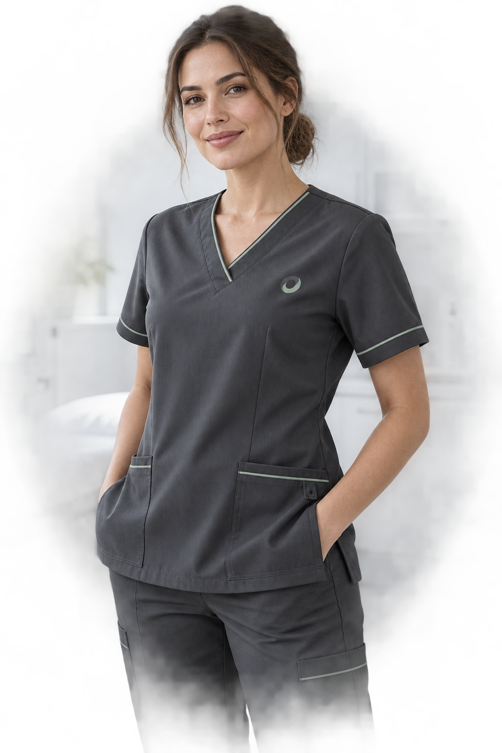 CIRQA clinical scrub uniform in graphite and mineral green