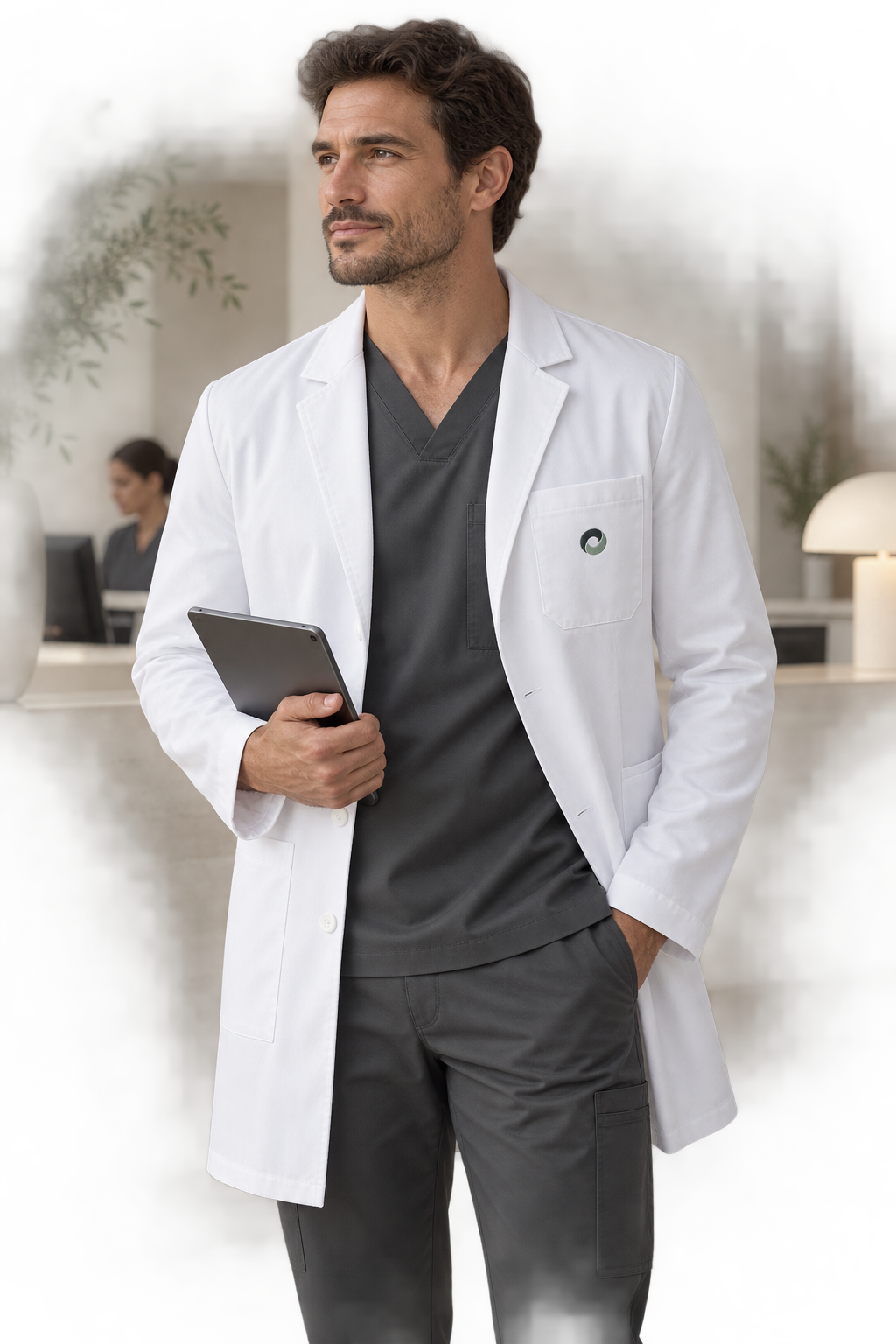 CIRQA tailored clinical coat over professional scrubs